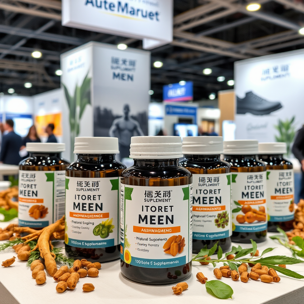 Mesa de exhibición con frascos elegantes de suplementos naturales para hombres, etiquetas modernas, ingredientes botánicos frescos como ginseng y ashwagandha, ambiente profesional de feria comercial