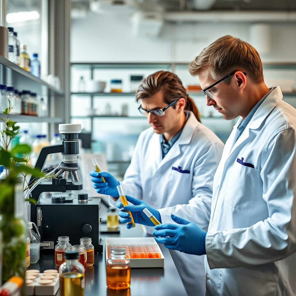 Científicos en laboratorio realizando análisis de muestras para investigación de suplementos naturales