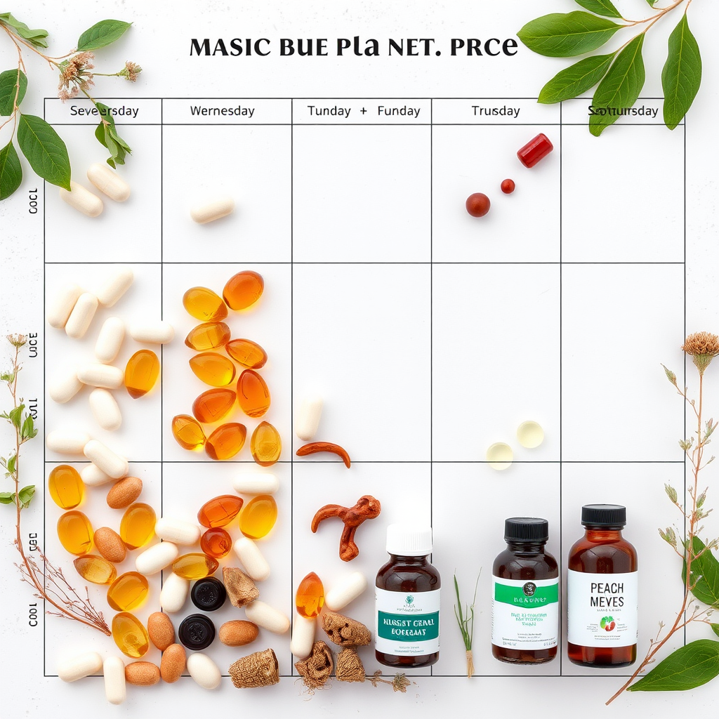 Programa personalizado de suplementos naturales, organizador semanal con diferentes cápsulas y extractos naturales dispuestos de forma ordenada