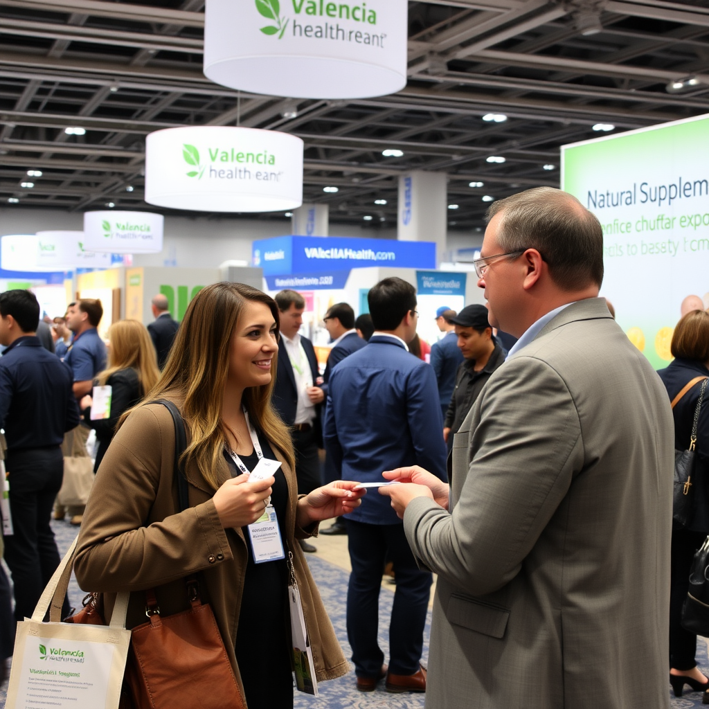Profesionales de la industria de suplementos naturales intercambiando tarjetas de presentación en área de networking del Valencia Health Expo, ambiente profesional con stands de fondo, conversaciones de negocios